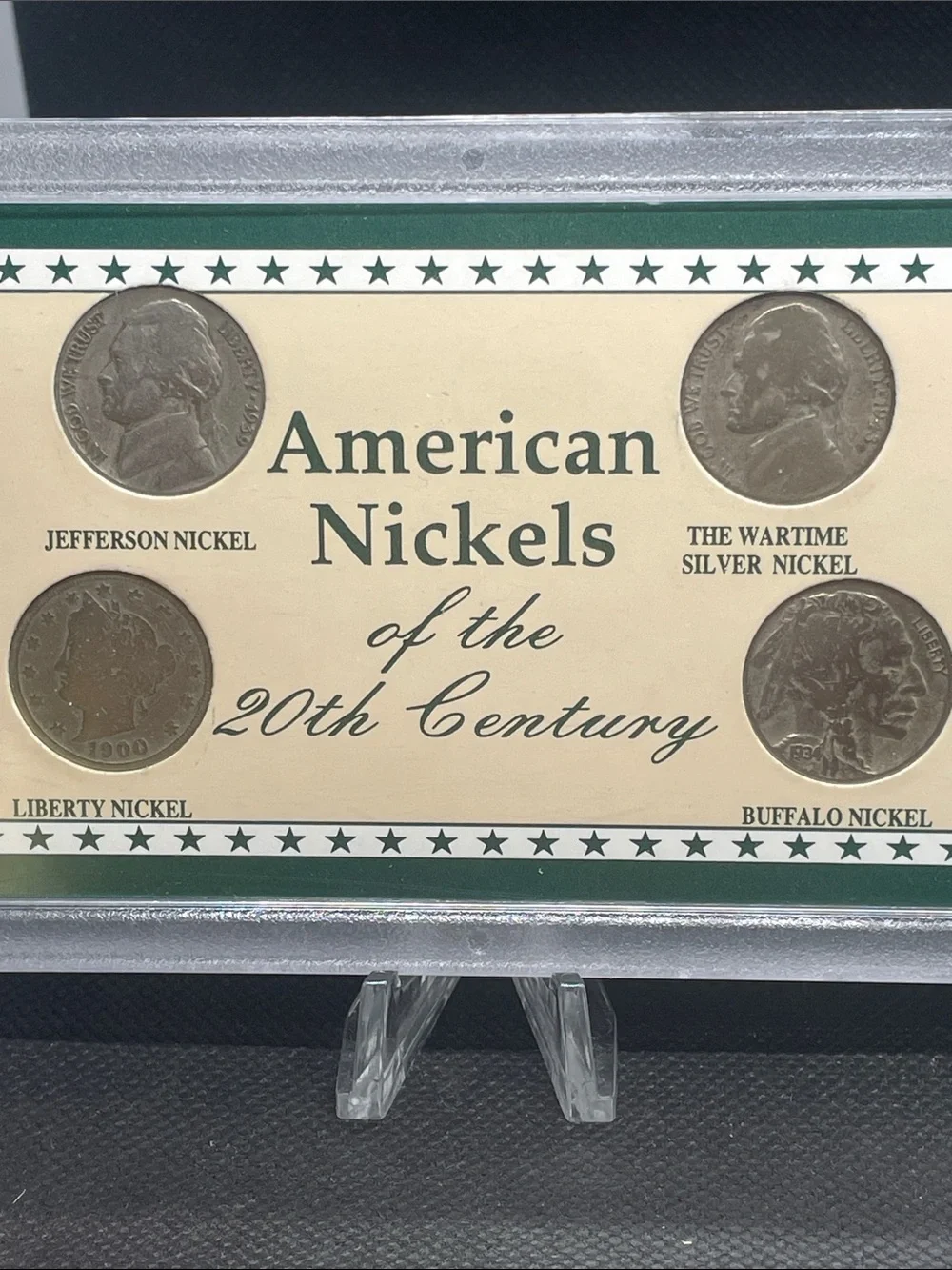 Nickels of the 20th Century Display  1900 V, 1934 Buffalo,1939 Jefferson1943S AG